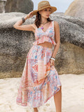 Printed V-Neck Top and Midi Skirt Set - Trendsi - Flyclothing LLC