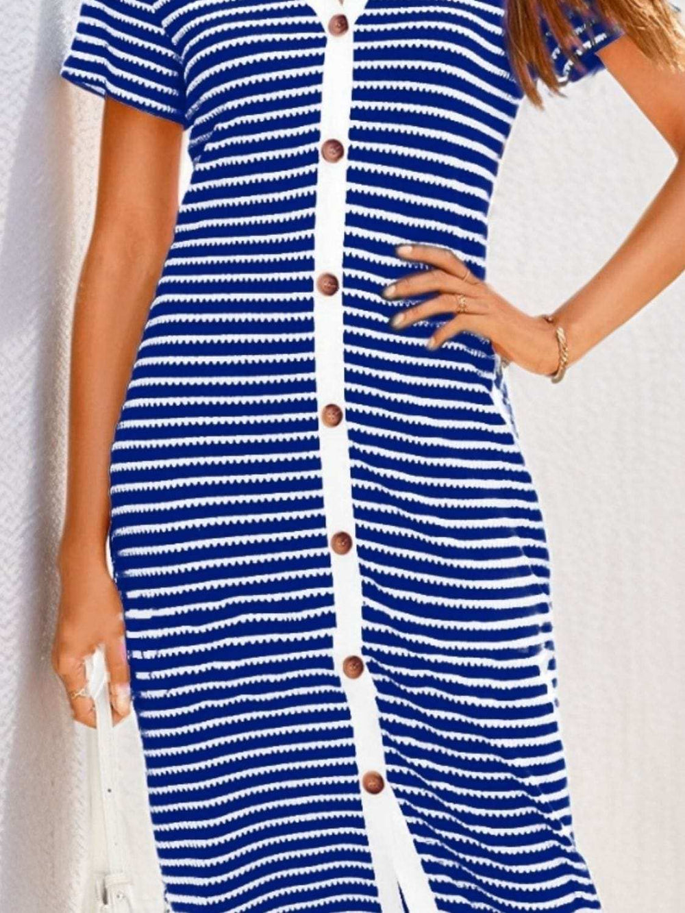 Contrast Striped V-Neck Short Sleeve Midi Dress - Trendsi - Flyclothing LLC