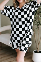 Checkerboard V Neck Loose Tee and Shorts Set - Trendsi - Flyclothing LLC