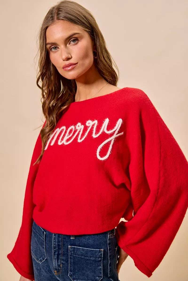 SO ME Merry Tinsel Lettering Christmas Sweater Top - Trendsi - Flyclothing LLC