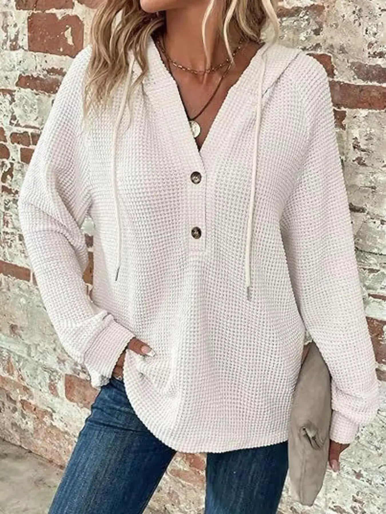 Full Size Button Detail Waffle Knit Hoodie Plus Size - Trendsi - Flyclothing LLC