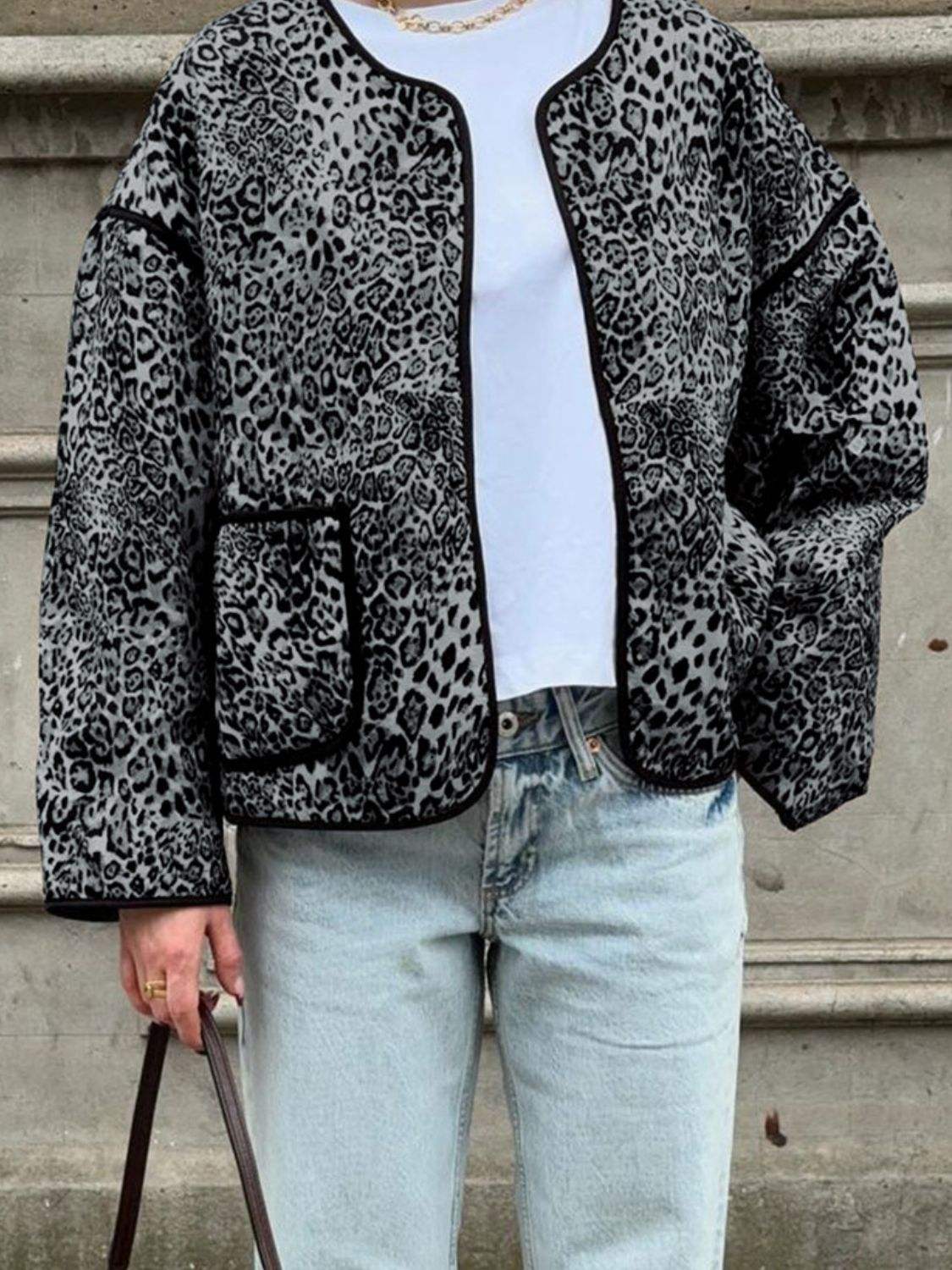 Perfee Leopard Open Front Long Sleeve Jacket - Trendsi - Flyclothing LLC
