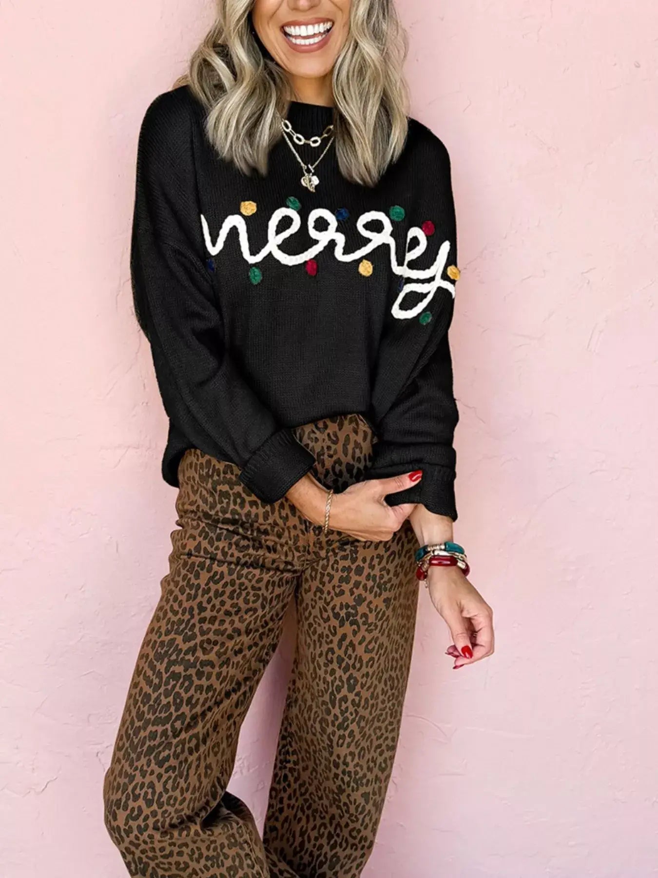 Merry Round Neck Christmas Sweater - Trendsi - Flyclothing LLC