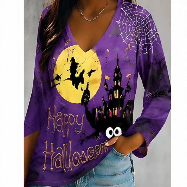 Women's Long-sleeve Crew-neck Halloween-print Hoodie