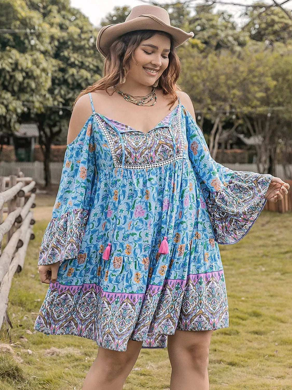 Plus Size Printed Long Sleeve Mini Dress - Trendsi - Flyclothing LLC