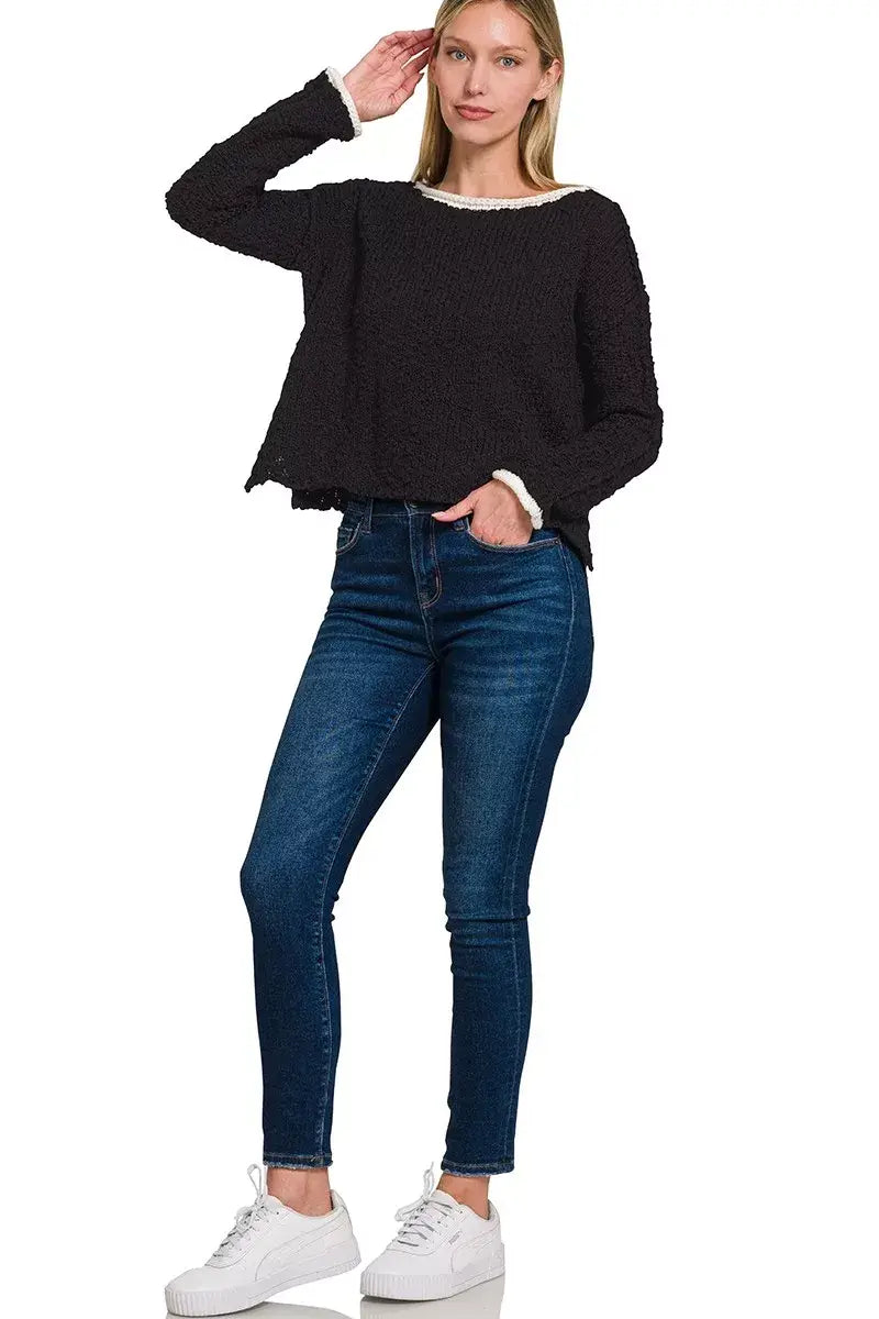 Zenana Contrast Trim Cropped Sweater - Trendsi - Flyclothing LLC
