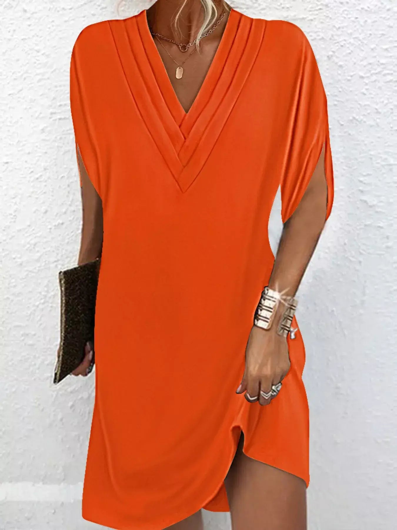 Full Size V-Neck Slit Sleeve Mini Dress Plus Size - Trendsi - Flyclothing LLC