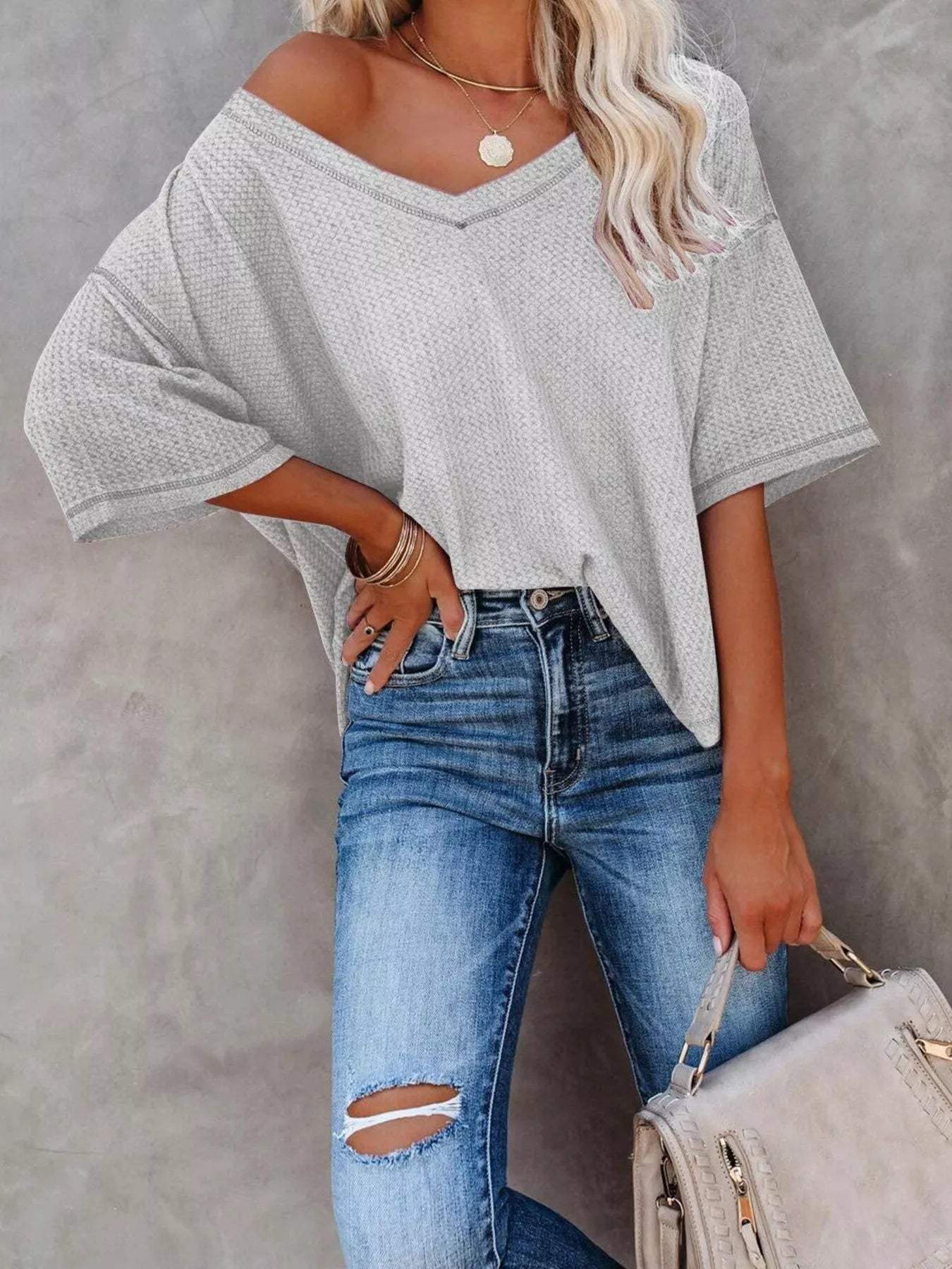 Waffle Knit V-Neck Short Sleeve T-Shirt - Trendsi - Flyclothing LLC