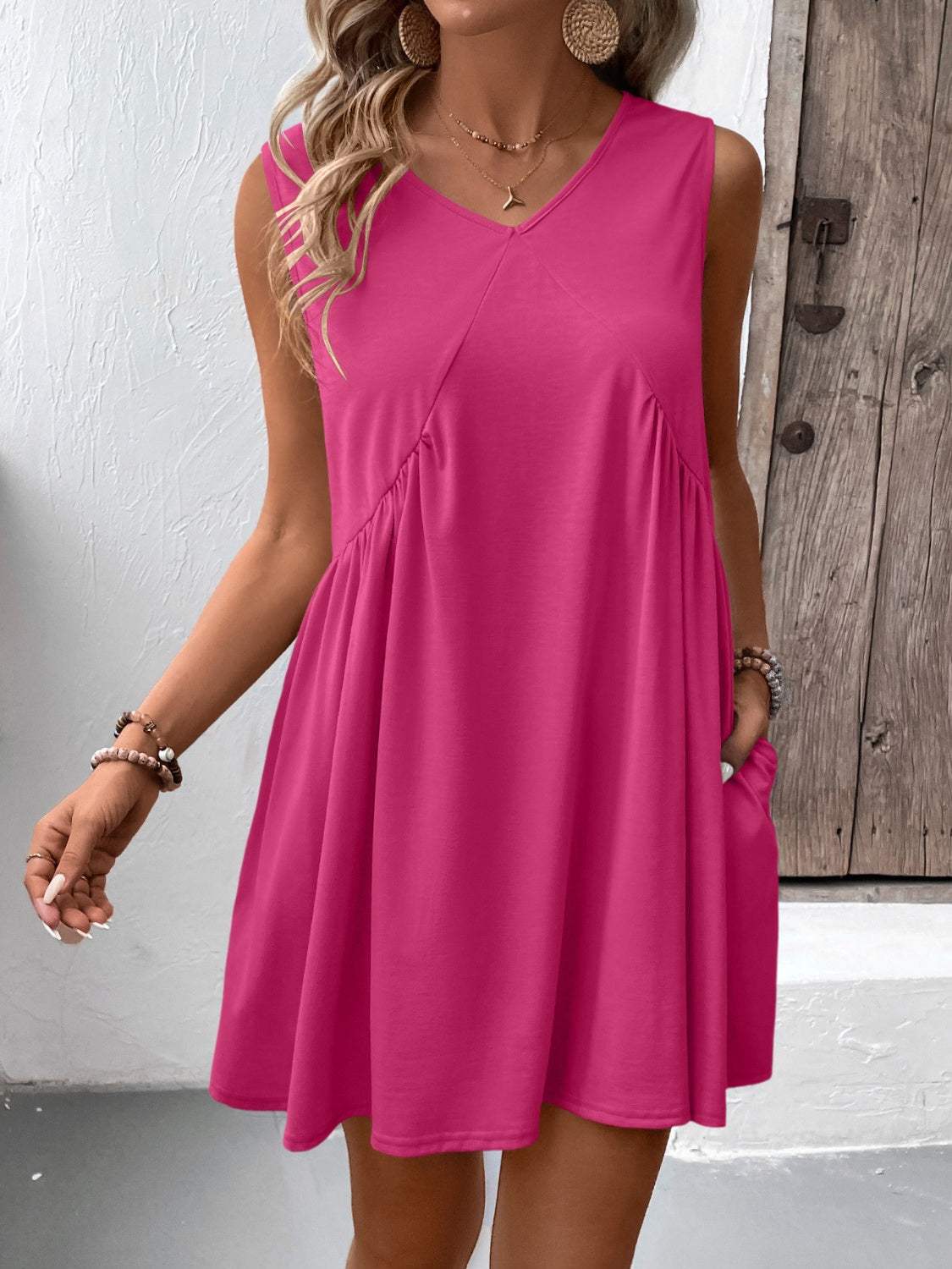 Ivy Lane Ruched V-Neck Sleeveless Mini Dress - Trendsi - Flyclothing LLC