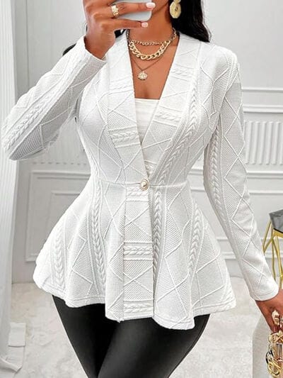 One Button Textured Peplum Cardigan - Trendsi