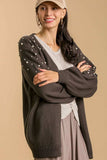 Umgee Full Size Open Front Cardigan with Long Sleeve Pearl Details Plus Size - Trendsi - Flyclothing LLC