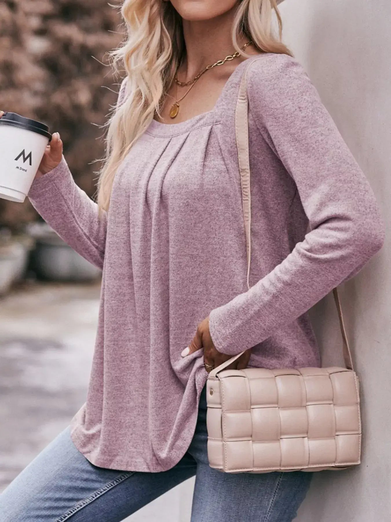 Pleated Square Neck Long Sleeve T-Shirt - Trendsi - Flyclothing LLC