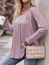 Pleated Square Neck Long Sleeve T-Shirt - Trendsi - Flyclothing LLC