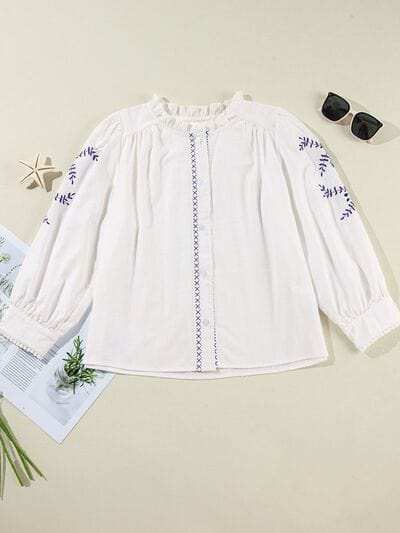 Frill Floral Embroidered Sleeve Shirt - Trendsi - Flyclothing LLC