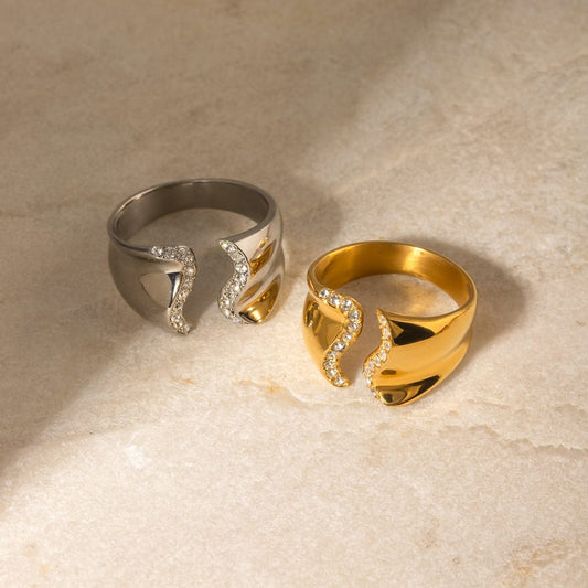 Stainless Steel Inlaid Rhinestone Bypass Ring Trendsi