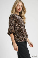 Umgee Leopard Round Neck Three-Quarter Sleeve Blouse - Trendsi - Flyclothing LLC