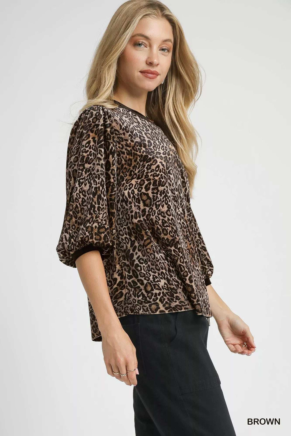 Umgee Leopard Round Neck Three-Quarter Sleeve Blouse - Trendsi - Flyclothing LLC