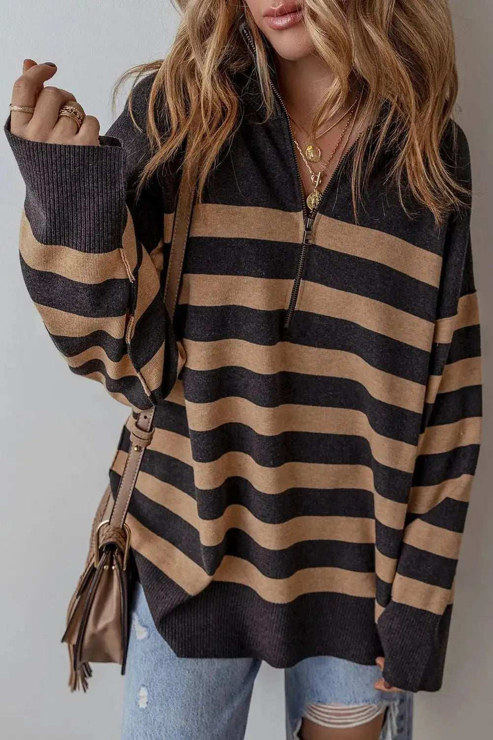 Striped Half Zip Long Sleeve Knit Top - Trendsi - Flyclothing LLC