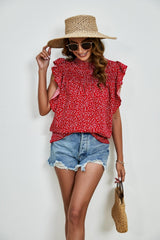 Ruffled Ditsy Floral Mock Neck Cap Sleeve Blouse - Trendsi