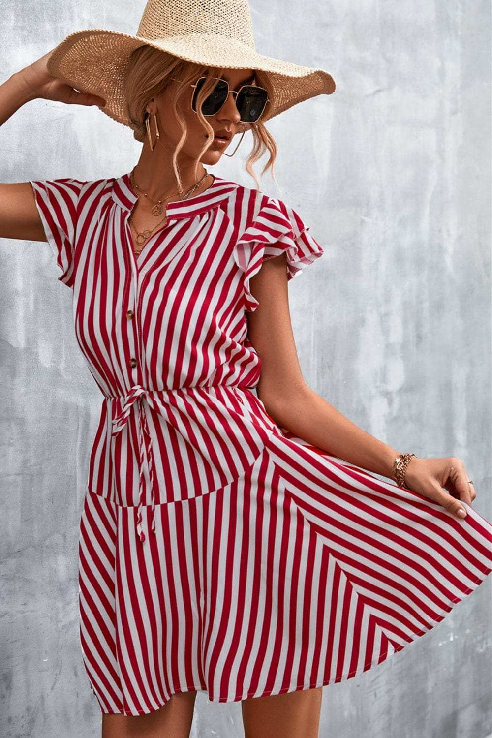 Ruffled Striped Cap Sleeve Mini Dress - Trendsi - Flyclothing LLC
