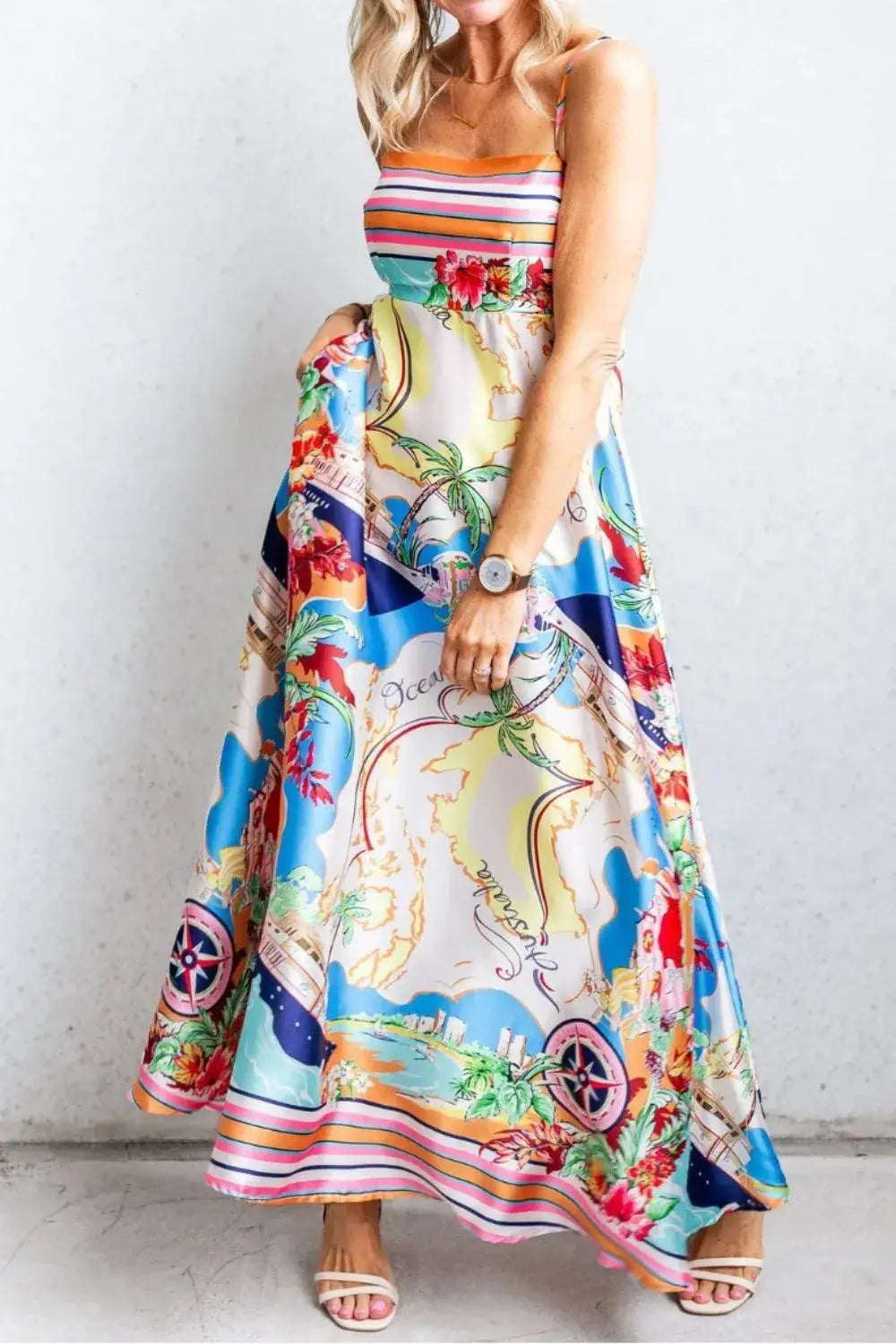 Smocked Back Printed Square Neck Maxi Cami Dress with Pockets - Trendsi - Flyclothing LLC