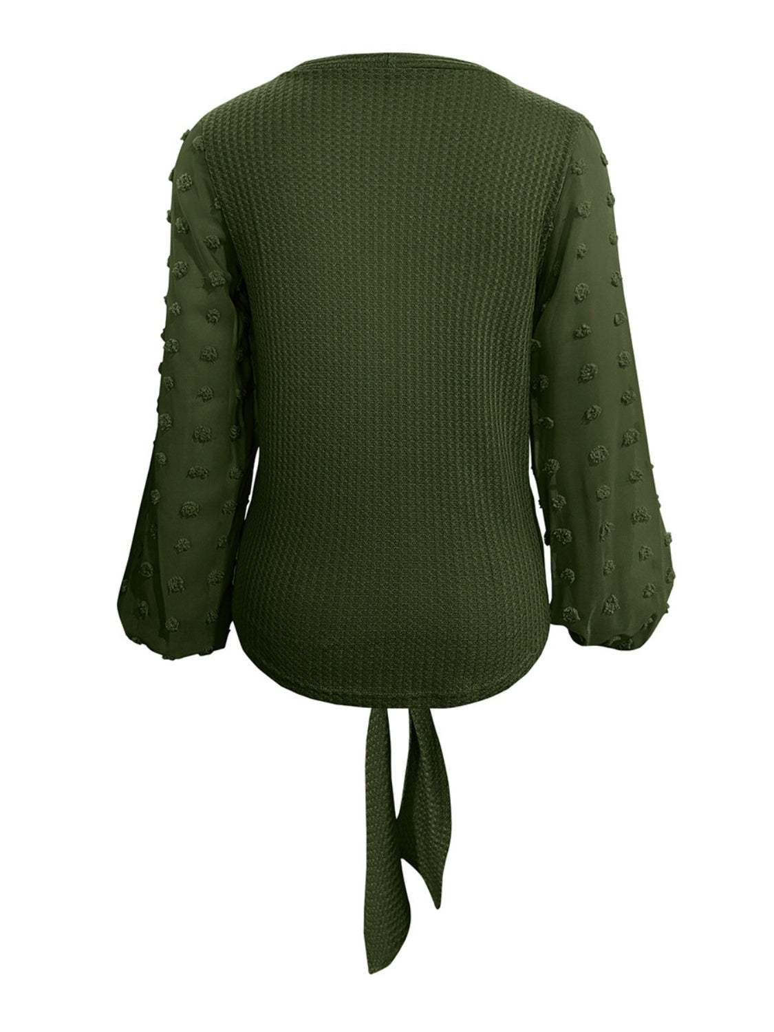 Tied Swiss Dot V-Neck Long Sleeve Blouse - Trendsi - Flyclothing LLC