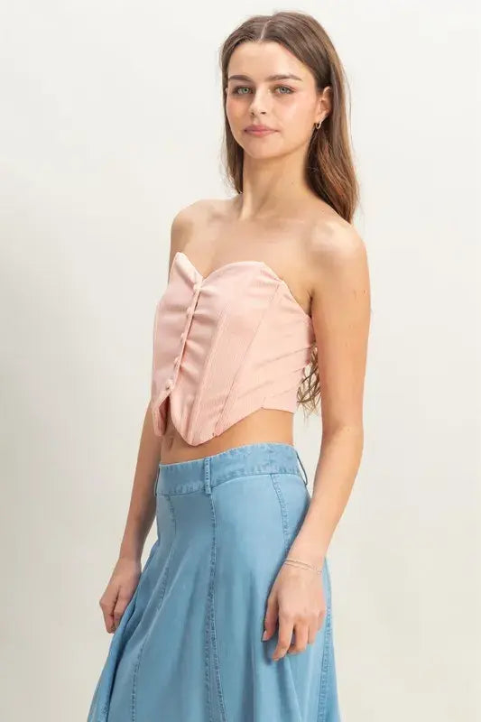 HYFVE Buttoned Front Strapless Knit Bustier Top - Trendsi - Flyclothing LLC
