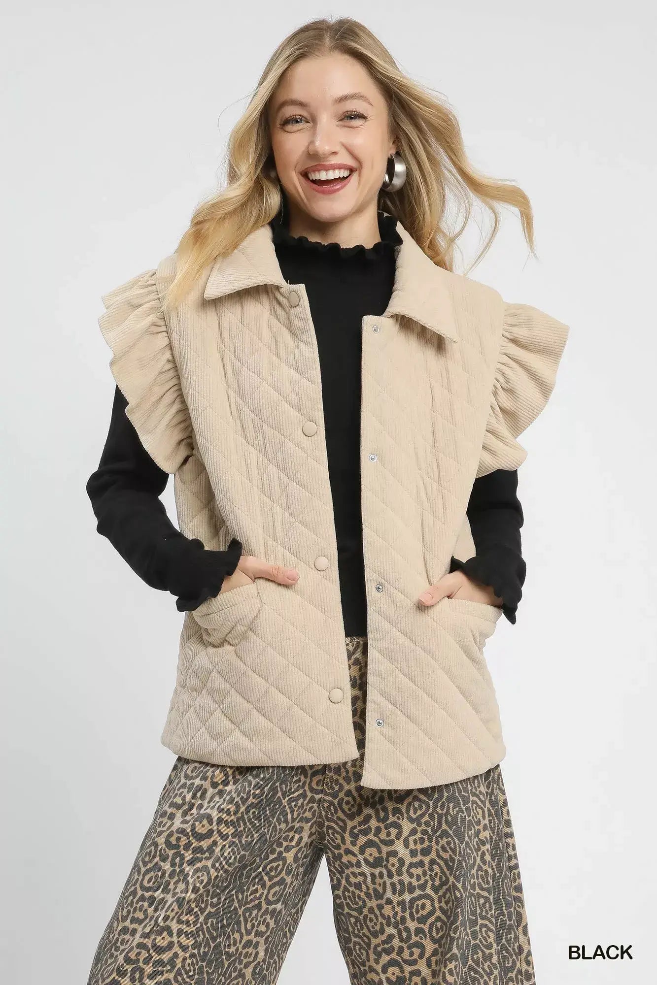 Umgee Ruffle Mock Neck Puff Sleeve Sweater - Trendsi - Flyclothing LLC
