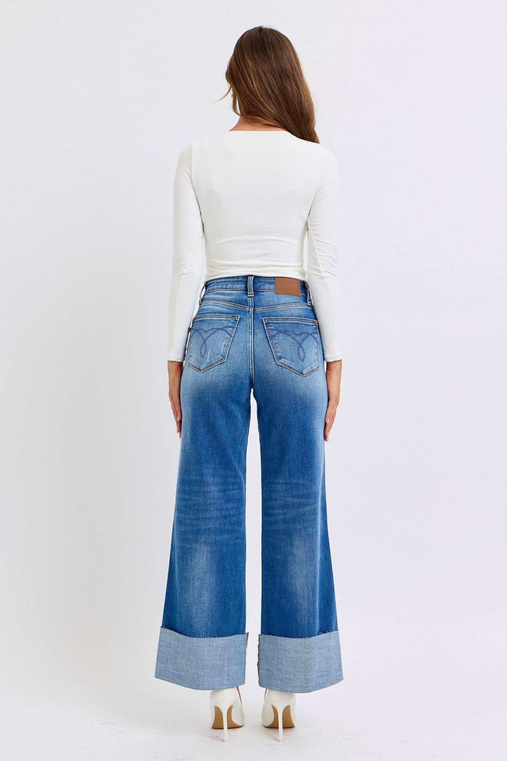 Judy Blue Full Size Distressed High Waist Wide Leg Jeans - Trendsi - Flyclothing LLC