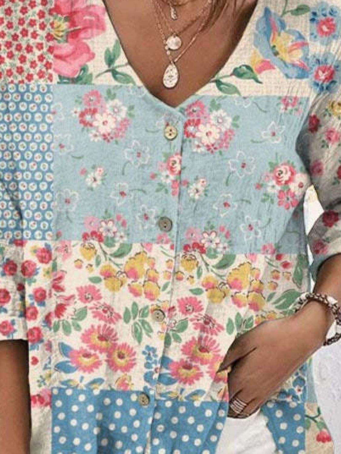 Full Size Printed V-Neck Blouse - Trendsi - Flyclothing LLC