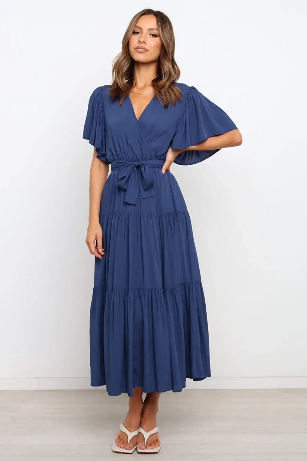 Front Tie Short Sleeve Tiered Midi Dress - Trendsi - Flyclothing LLC