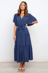 Front Tie Short Sleeve Tiered Midi Dress - Trendsi - Flyclothing LLC