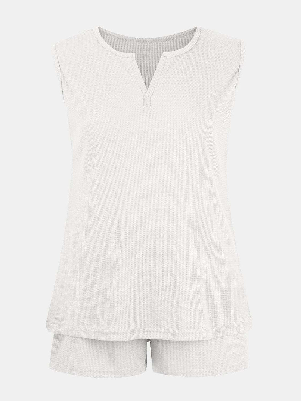 Full Size Waffle-Knit Notched Top and Shorts Set - Trendsi - Flyclothing LLC