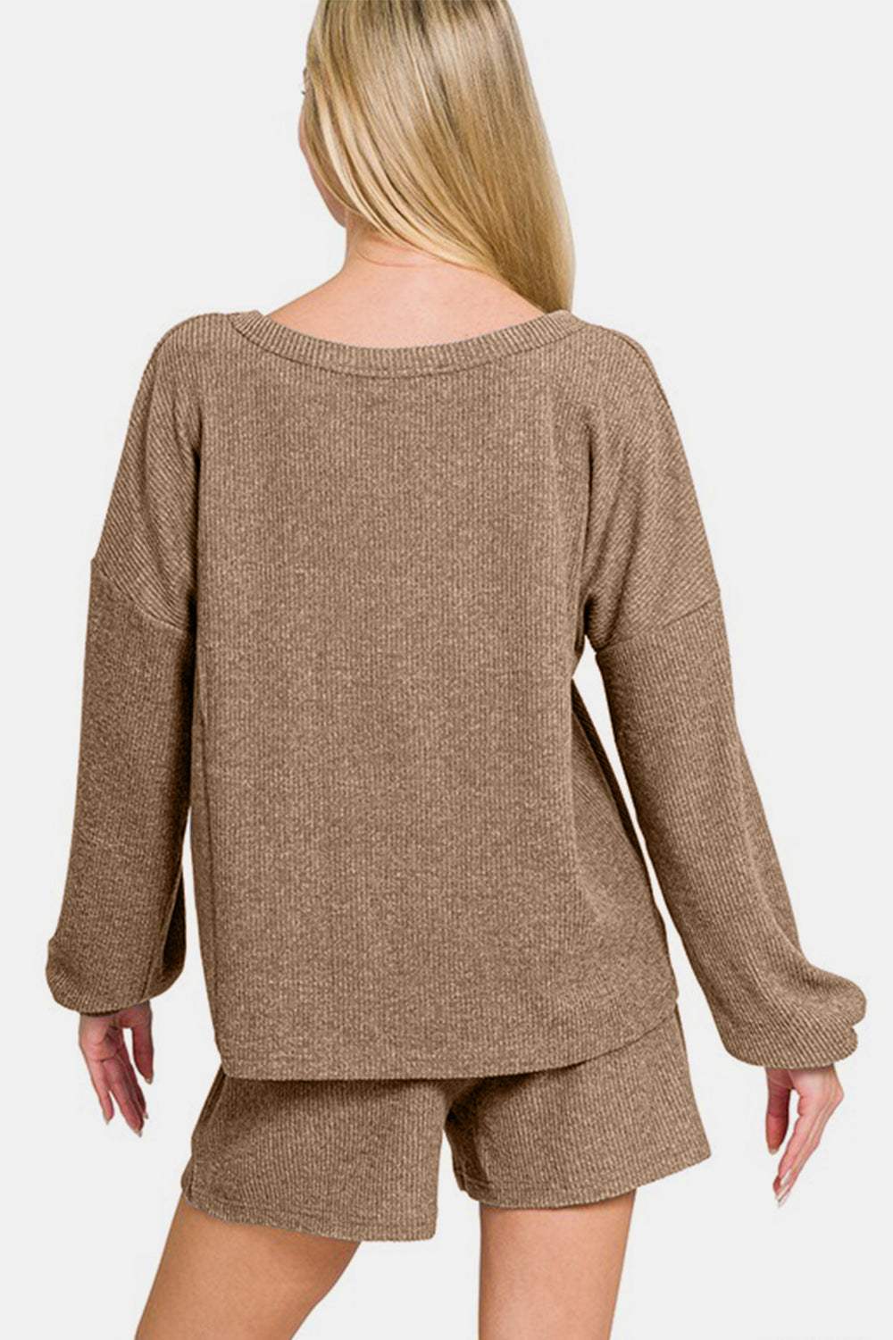 Zenana V-Neck Long Sleeve Ribbed Top and Shorts Set - Trendsi - Flyclothing LLC