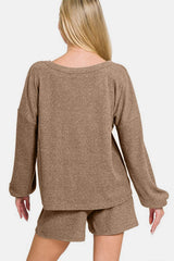Zenana V-Neck Long Sleeve Ribbed Top and Shorts Set - Trendsi - Flyclothing LLC
