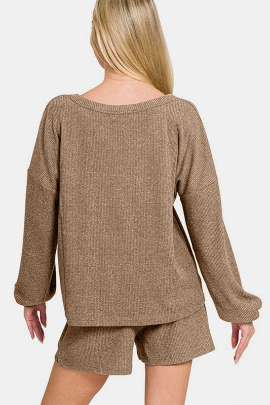 Zenana V-Neck Long Sleeve Ribbed Top and Shorts Set - Trendsi - Flyclothing LLC