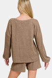 Zenana V-Neck Long Sleeve Ribbed Top and Shorts Set - Trendsi - Flyclothing LLC