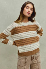 SO ME Openwork Round Neck Wide Stripe Textured Sweater - Trendsi - Flyclothing LLC