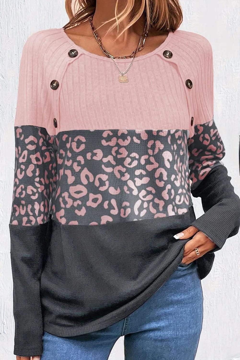 Leopard Round Neck Long Sleeve Top - Trendsi - Flyclothing LLC