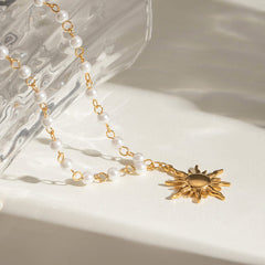 18K Gold-Plated Pearl Sun Necklace - Trendsi