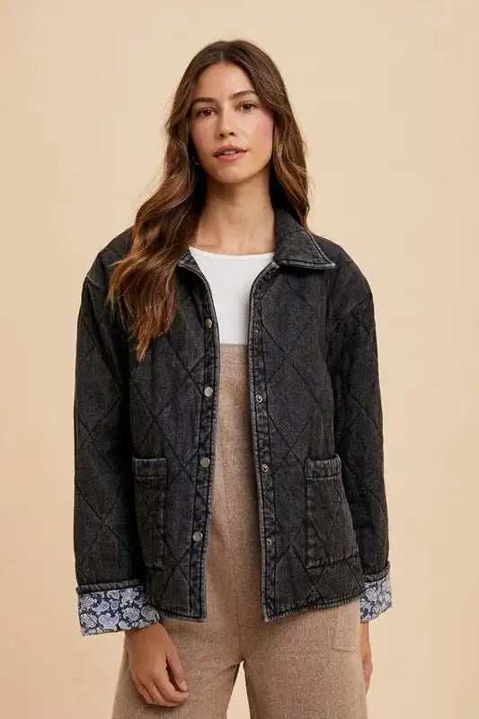 Annie Wear Quilted Printed Lining Snap Down Denim Jacket - Trendsi - Flyclothing LLC