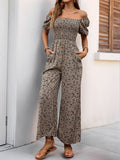Perfee Smocked Printed Square Neck Puff Sleeve Jumpsuit - Trendsi