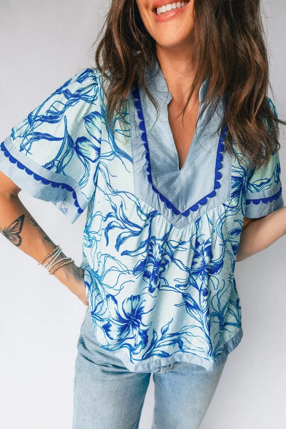 Ricrac Trim Slit V Neck Short Sleeve Floral Blouse - Trendsi - Flyclothing LLC