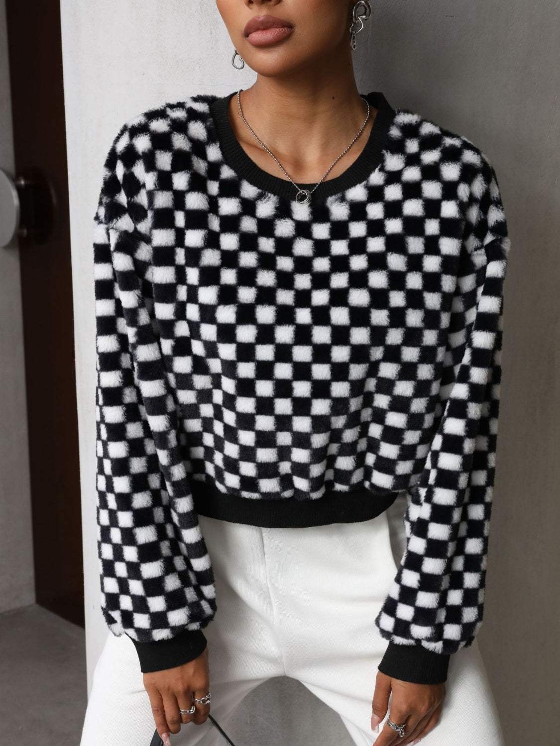 Plaid Round Neck Long Sleeve Sweatshirt - Trendsi - Flyclothing LLC