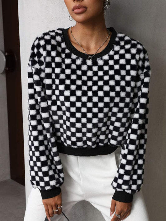 Plaid Round Neck Long Sleeve Sweatshirt - Trendsi