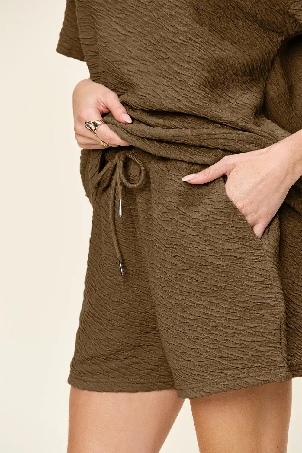 Double Take Full Size Texture Short Sleeve T-Shirt and Drawstring Shorts Set - Trendsi - Flyclothing LLC