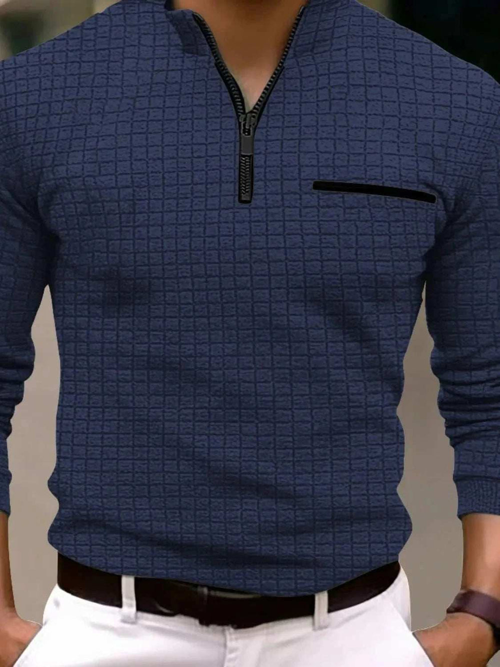 Men's Full Size Quarter Zip Long Sleeve Polo Plus Size - Trendsi - Flyclothing LLC