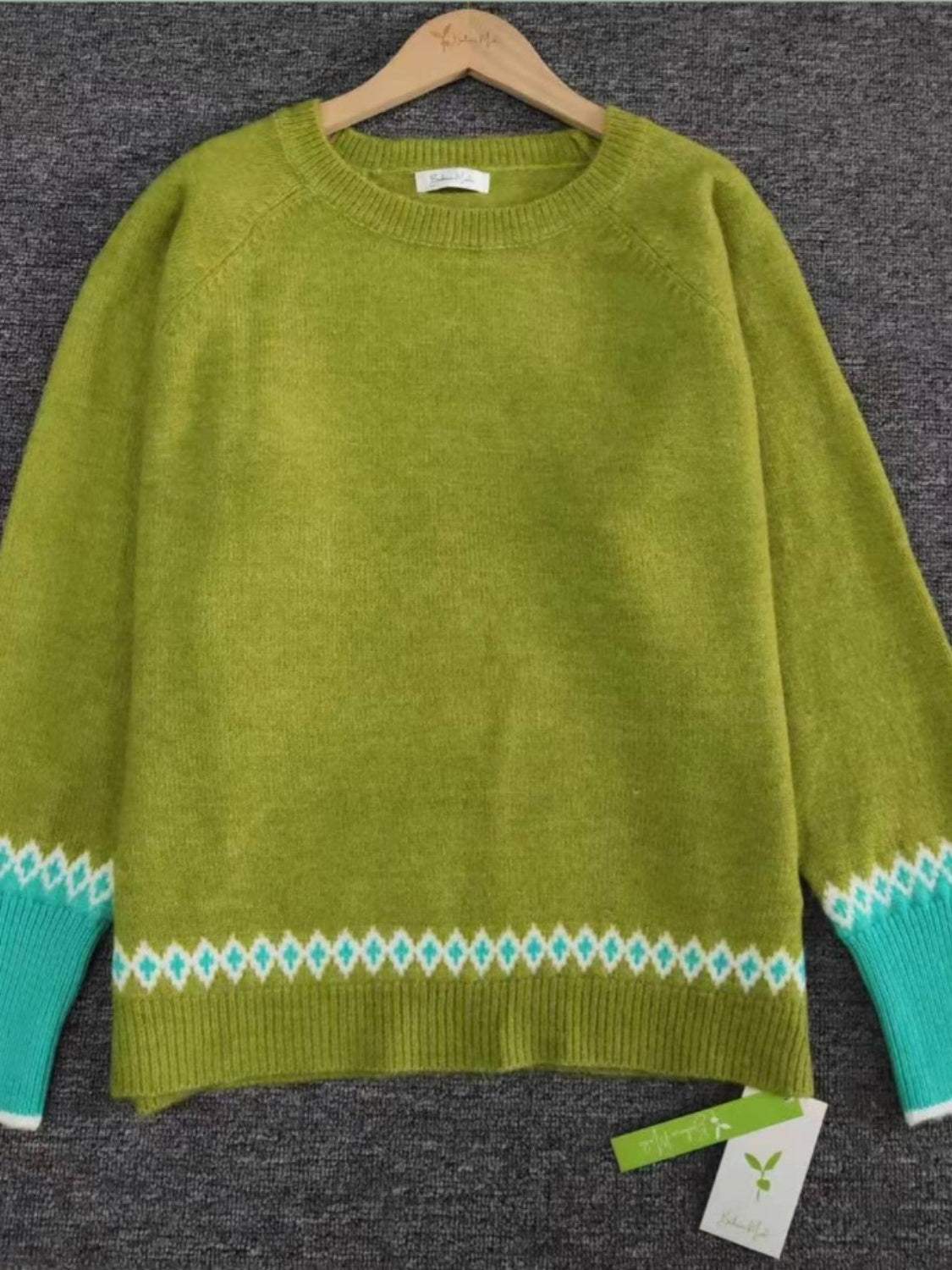 Contrast Round Neck Long Sleeve Sweater - Trendsi - Flyclothing LLC