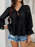 Devine Tie Front Flounce Sleeve Peplum Blouse - Trendsi - Flyclothing LLC