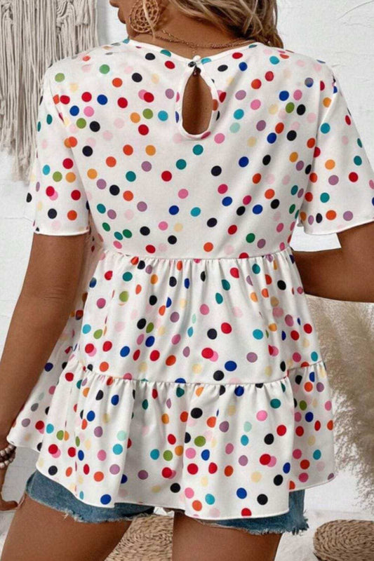 Polka Dot Short Sleeve Tiered Ruffled Babydoll Blouse - Trendsi - Flyclothing LLC